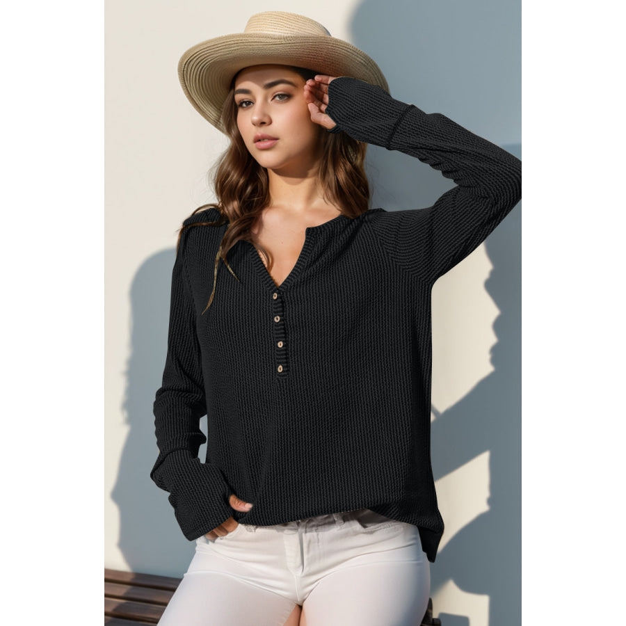 Double Take Full Size Notched Thumbhole Long Sleeve T-Shirt Black / S Apparel and Accessories