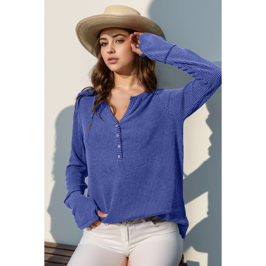 Double Take Full Size Notched Thumbhole Long Sleeve T-Shirt Blue / S Apparel and Accessories