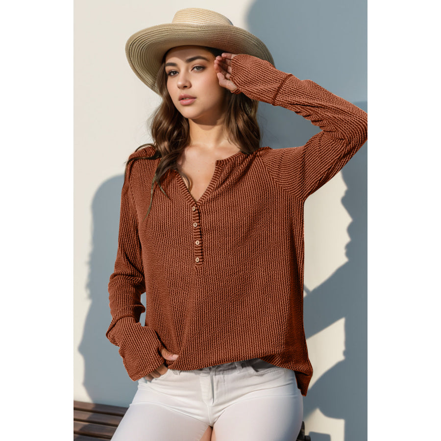 Double Take Full Size Notched Thumbhole Long Sleeve T-Shirt Caramel / S Apparel and Accessories