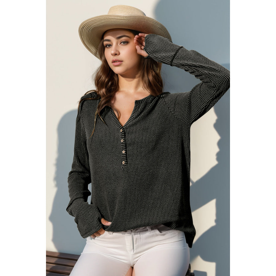 Double Take Full Size Notched Thumbhole Long Sleeve T-Shirt Dark Gray / S Apparel and Accessories