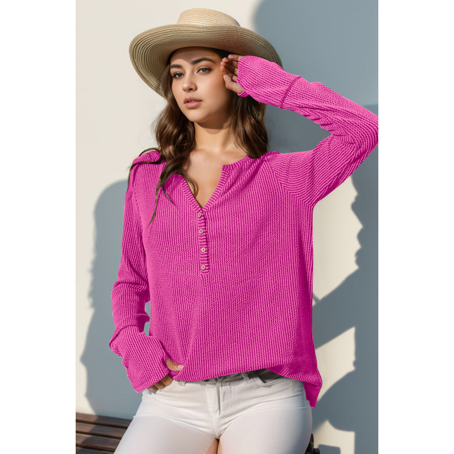 Double Take Full Size Notched Thumbhole Long Sleeve T-Shirt Fuchsia Pink / S Apparel and Accessories