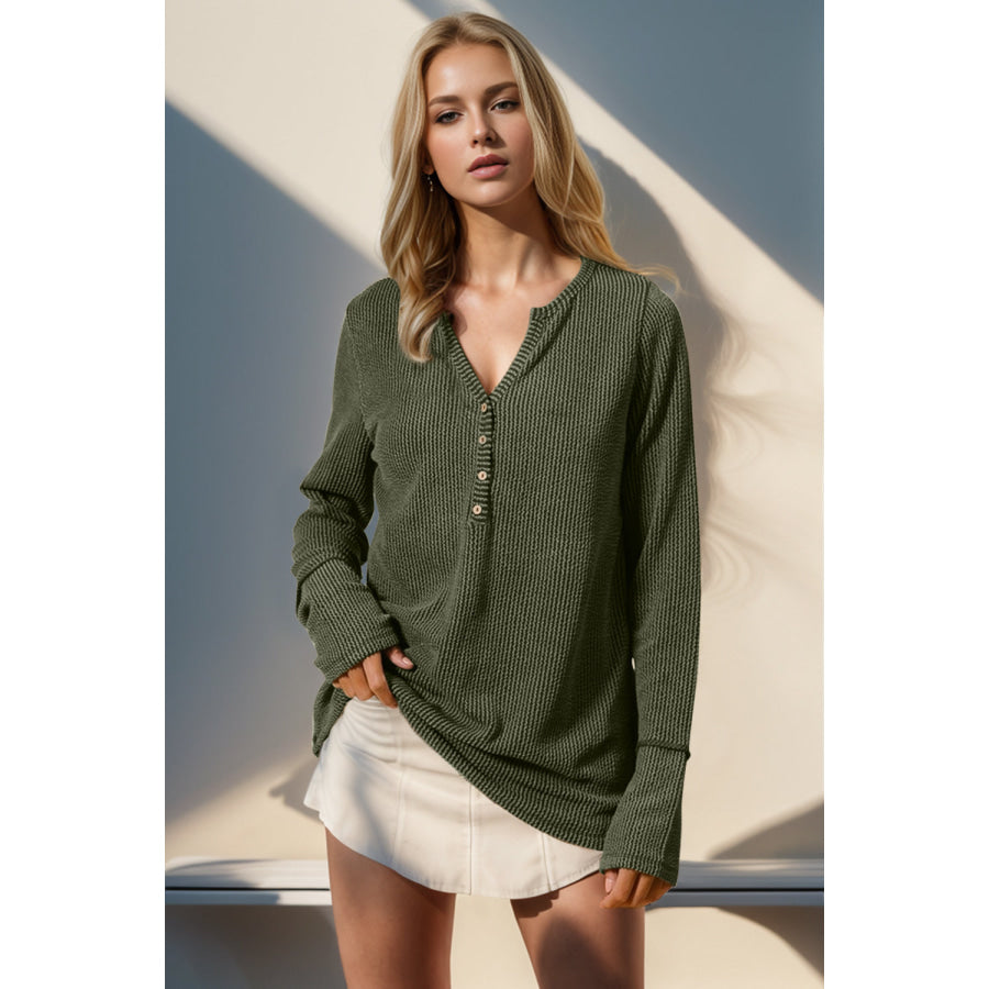 Double Take Full Size Notched Thumbhole Long Sleeve T-Shirt Moss / S Apparel and Accessories