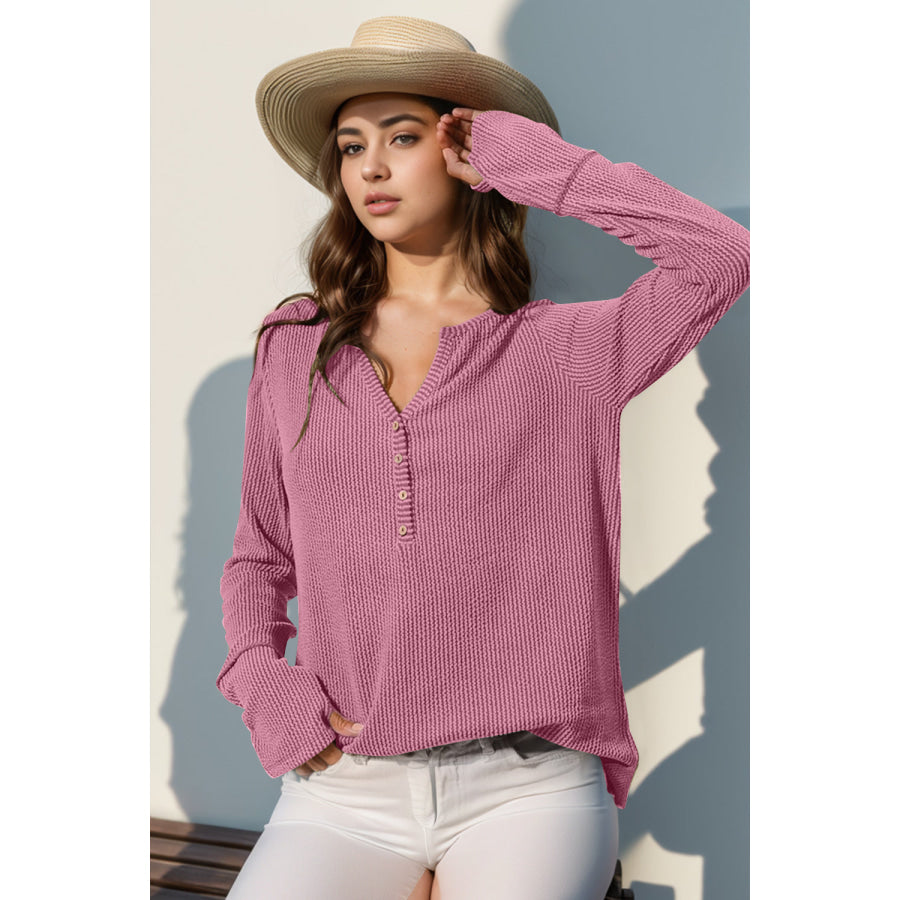 Double Take Full Size Notched Thumbhole Long Sleeve T-Shirt Pink / S Apparel and Accessories