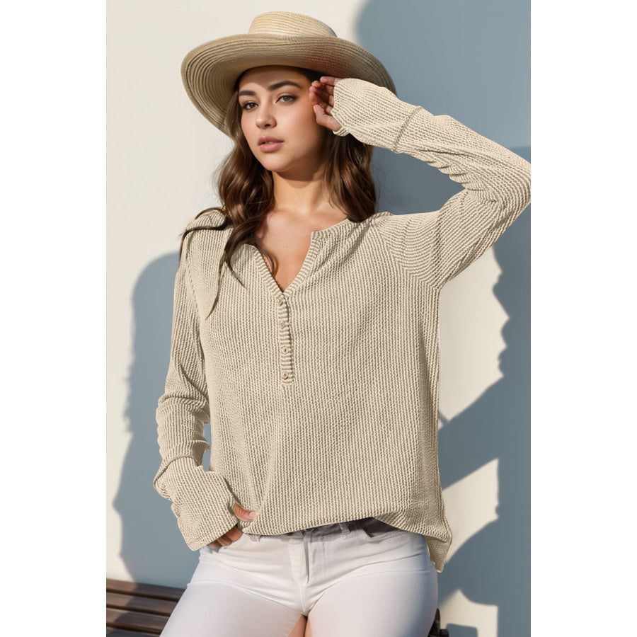 Double Take Full Size Notched Thumbhole Long Sleeve T-Shirt Tan / S Apparel and Accessories