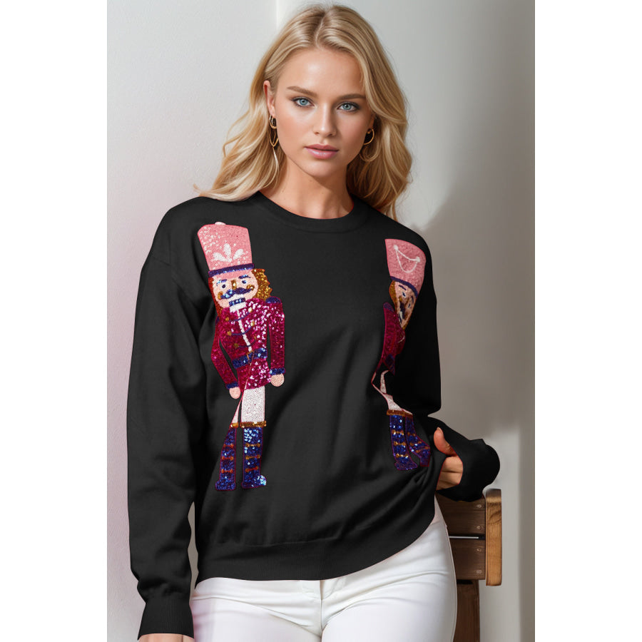 Double Take Full Size Nutcracker Sequin Long Sleeve Sweater Black / S/M Apparel and Accessories