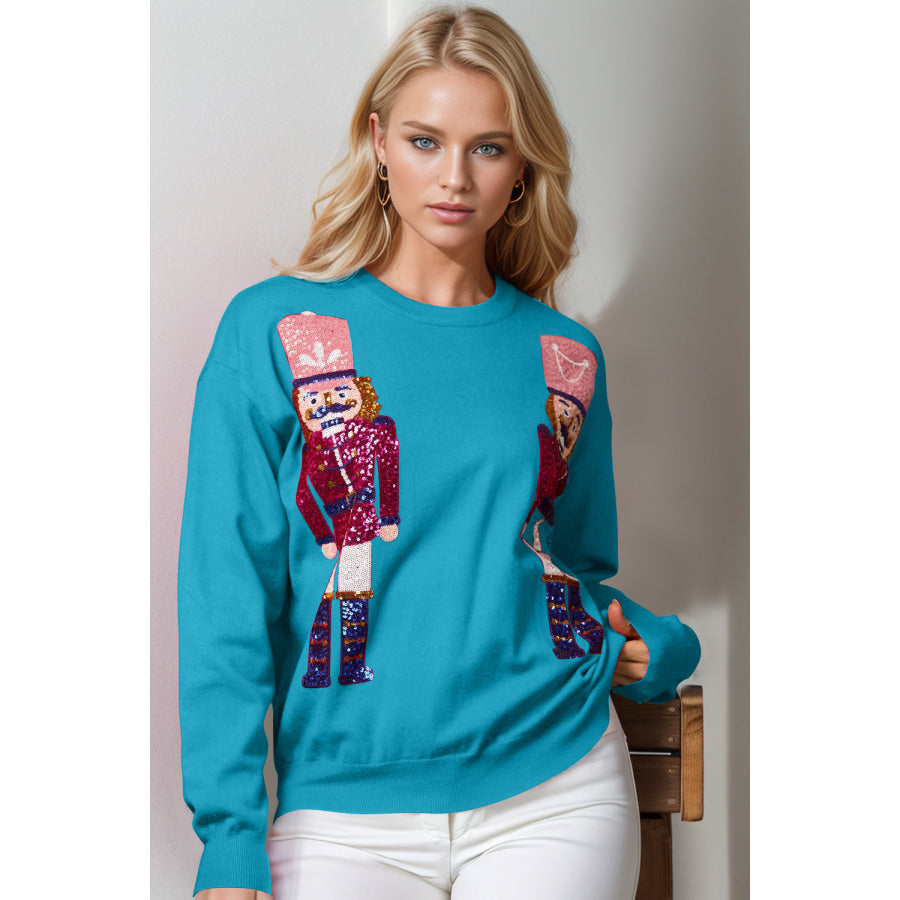 Double Take Full Size Nutcracker Sequin Long Sleeve Sweater Cerulean / S/M Apparel and Accessories