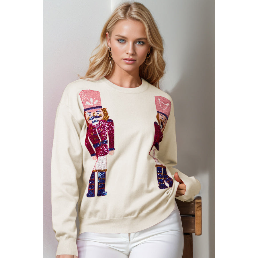 Double Take Full Size Nutcracker Sequin Long Sleeve Sweater Ivory / S/M Apparel and Accessories