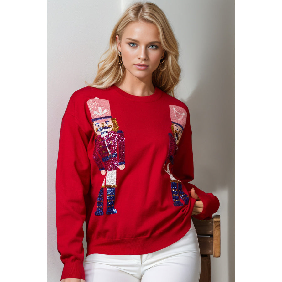 Double Take Full Size Nutcracker Sequin Long Sleeve Sweater Red / S/M Apparel and Accessories