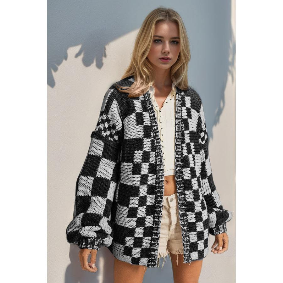 Double Take Full Size Open Front Checkered Drop Shoulder Cardigan Black / S/M Apparel and Accessories