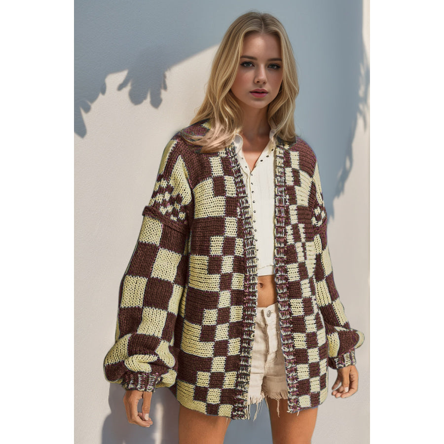 Double Take Full Size Open Front Checkered Drop Shoulder Cardigan Brown / S/M Apparel and Accessories