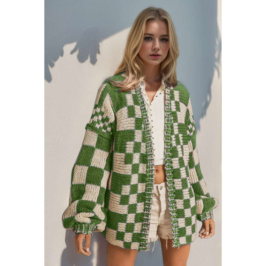 Double Take Full Size Open Front Checkered Drop Shoulder Cardigan Green / S/M Apparel and Accessories