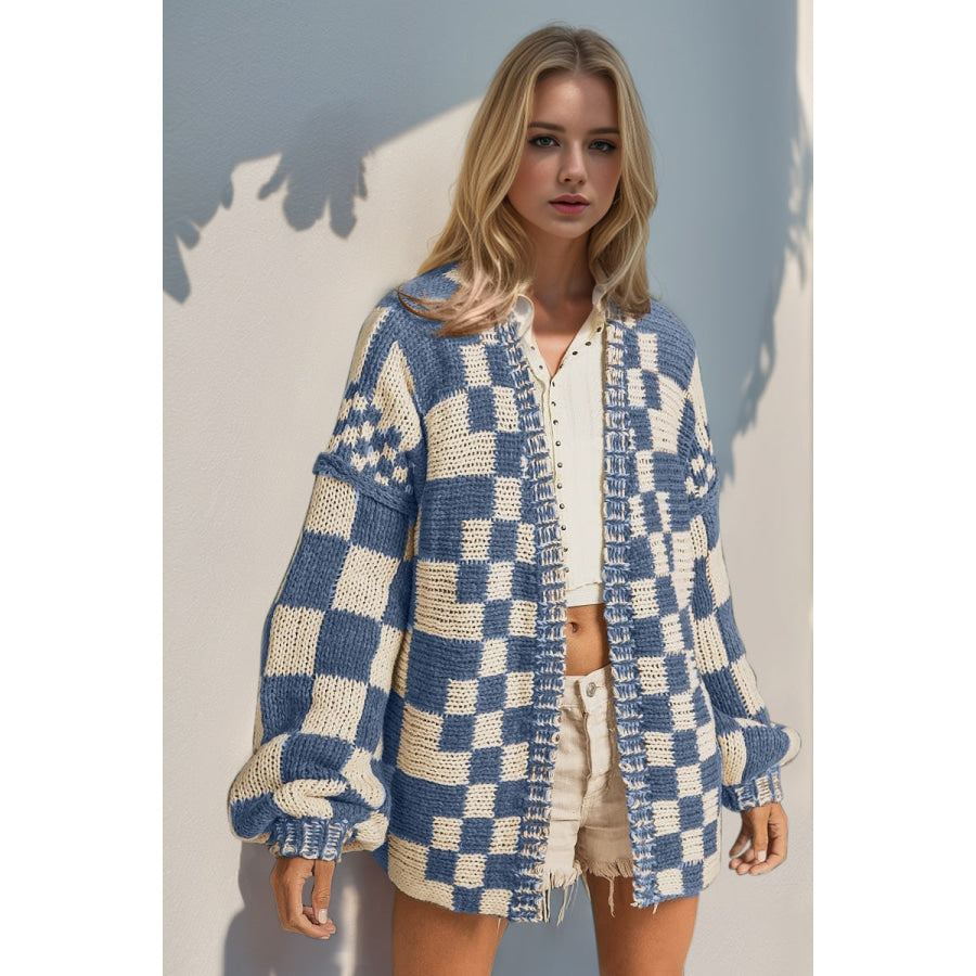 Double Take Full Size Open Front Checkered Drop Shoulder Cardigan Pastel Blue / S/M Apparel and Accessories