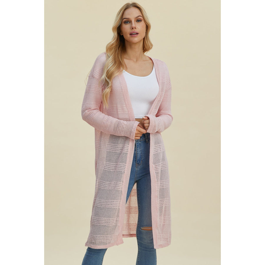 Double Take Full Size Open Front Longline Cardigan Blush Pink / S Apparel and Accessories