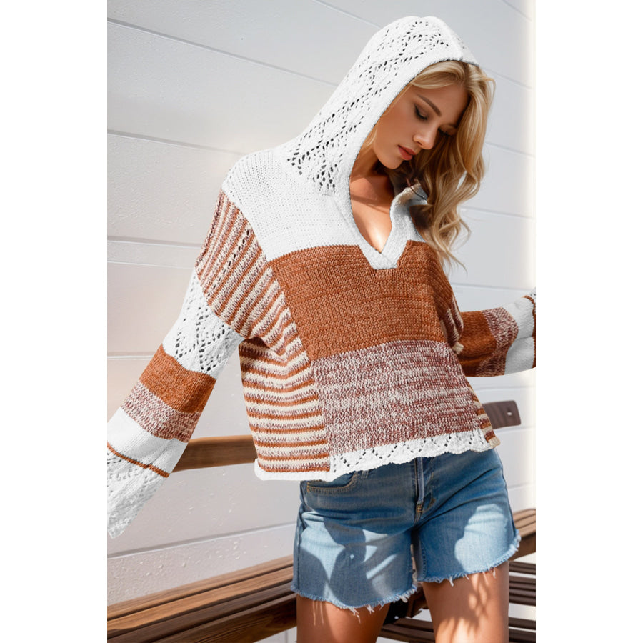 Double Take Full Size Openwork Contrast Long Sleeve Hooded Sweater Camel / S/M Apparel and Accessories