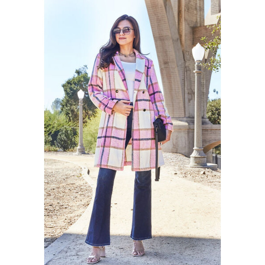 Double Take Full Size Plaid Button Up Lapel Collar Coat Carnation Pink / S Clothing