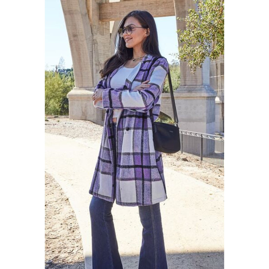 Double Take Full Size Plaid Button Up Lapel Collar Coat Clothing