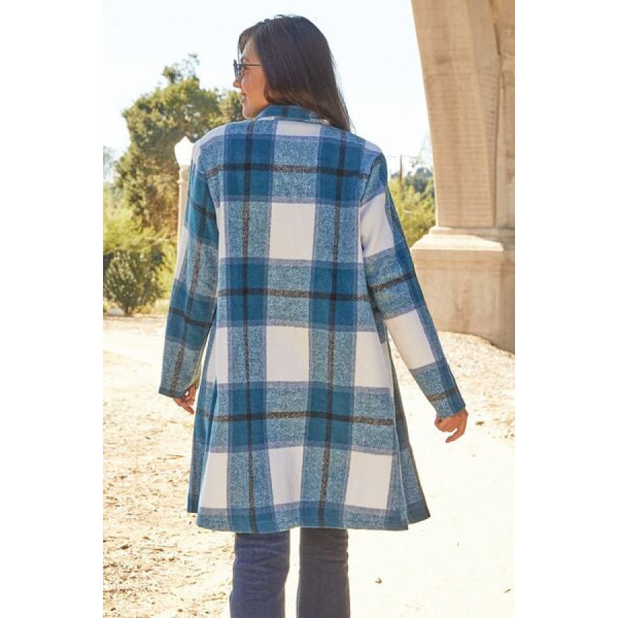 Double Take Full Size Plaid Button Up Lapel Collar Coat Clothing