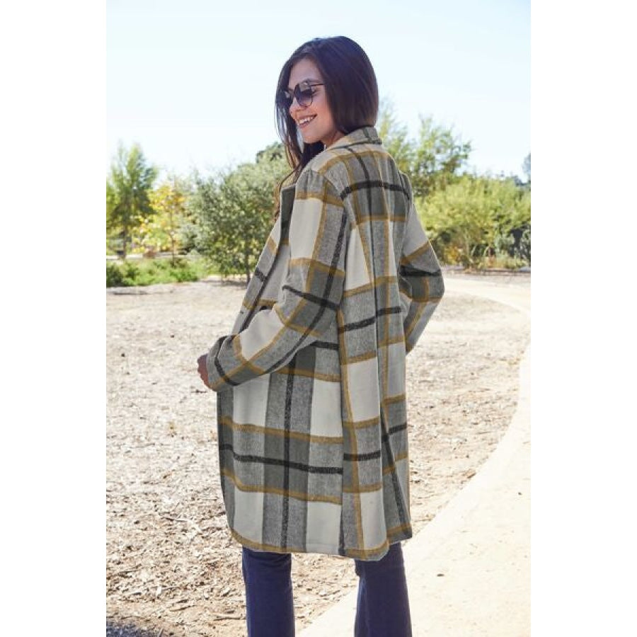 Double Take Full Size Plaid Button Up Lapel Collar Coat Clothing