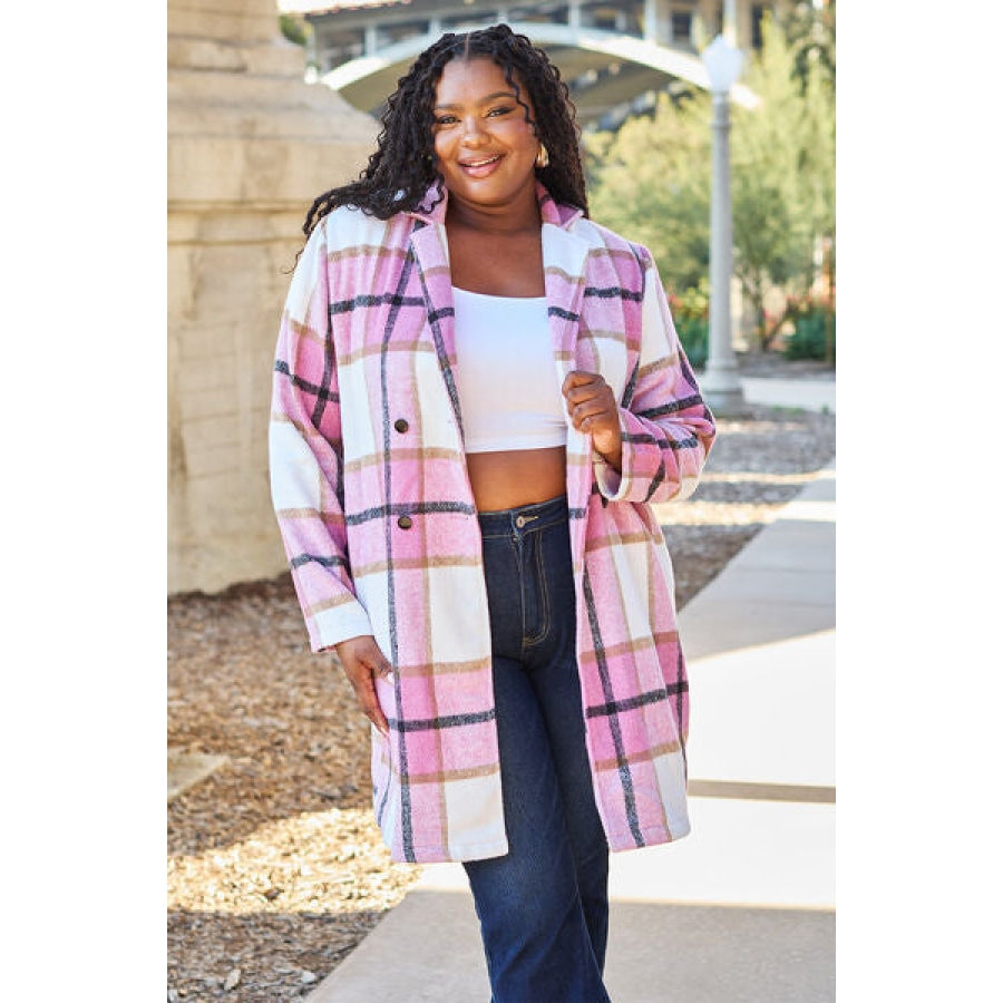 Double Take Full Size Plaid Button Up Lapel Collar Coat Clothing