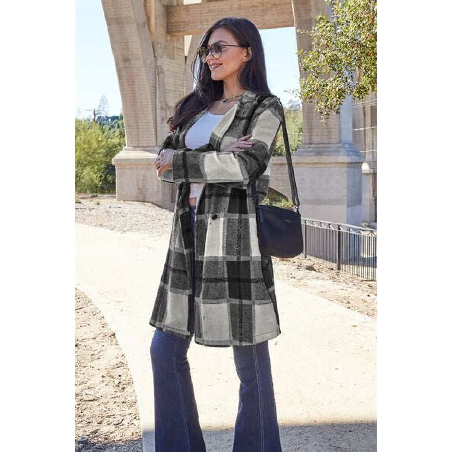 Double Take Full Size Plaid Button Up Lapel Collar Coat Clothing