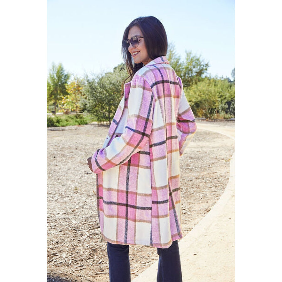 Double Take Full Size Plaid Button Up Lapel Collar Coat Clothing