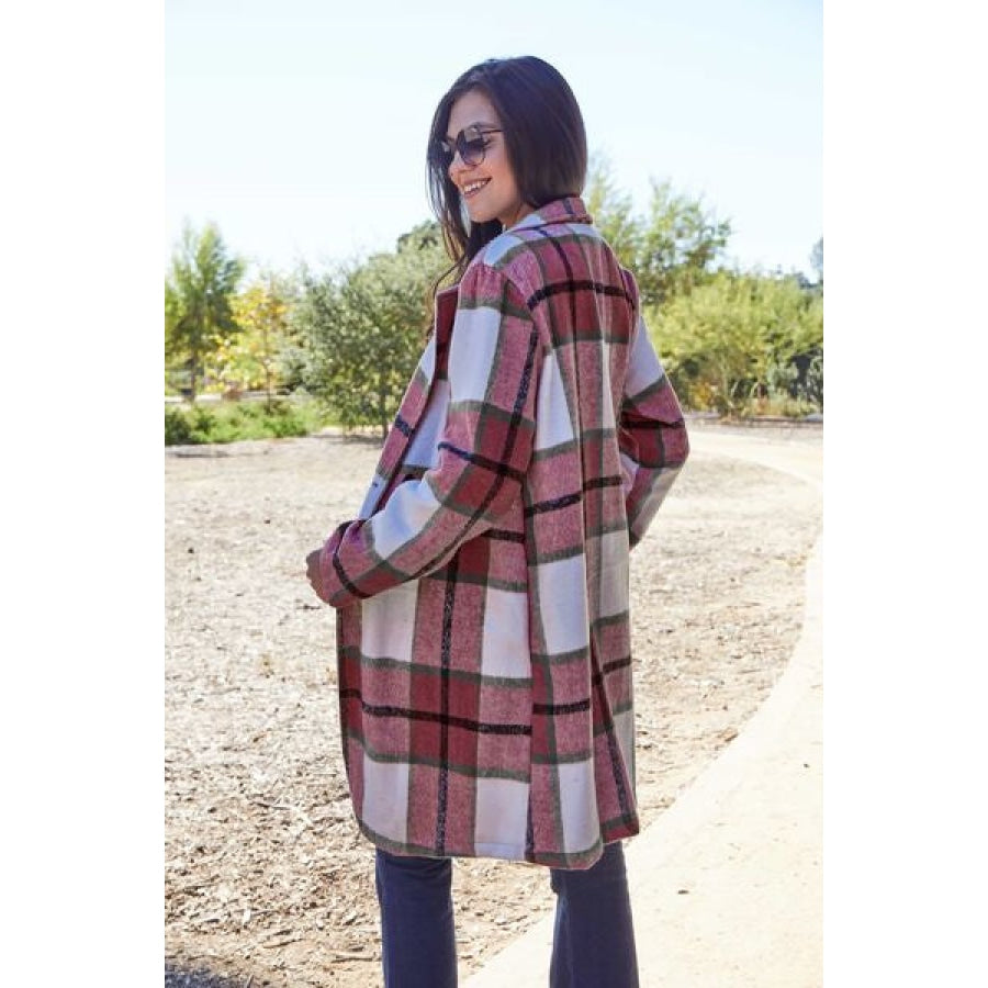 Double Take Full Size Plaid Button Up Lapel Collar Coat Clothing