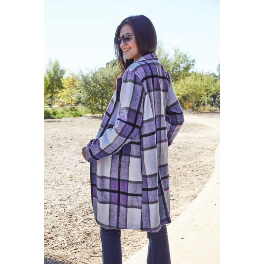 Double Take Full Size Plaid Button Up Lapel Collar Coat Clothing