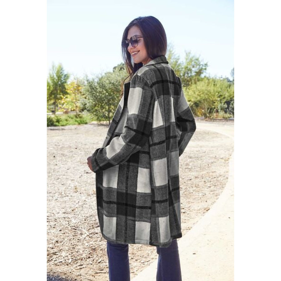 Double Take Full Size Plaid Button Up Lapel Collar Coat Clothing