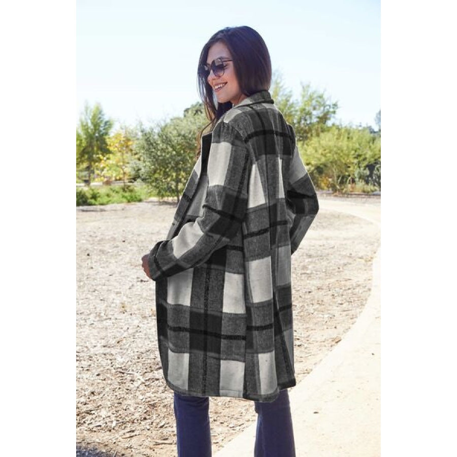 Double Take Full Size Plaid Button Up Lapel Collar Coat Black / S Clothing