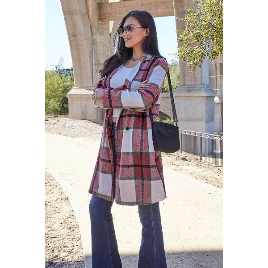 Double Take Full Size Plaid Button Up Lapel Collar Coat Clothing