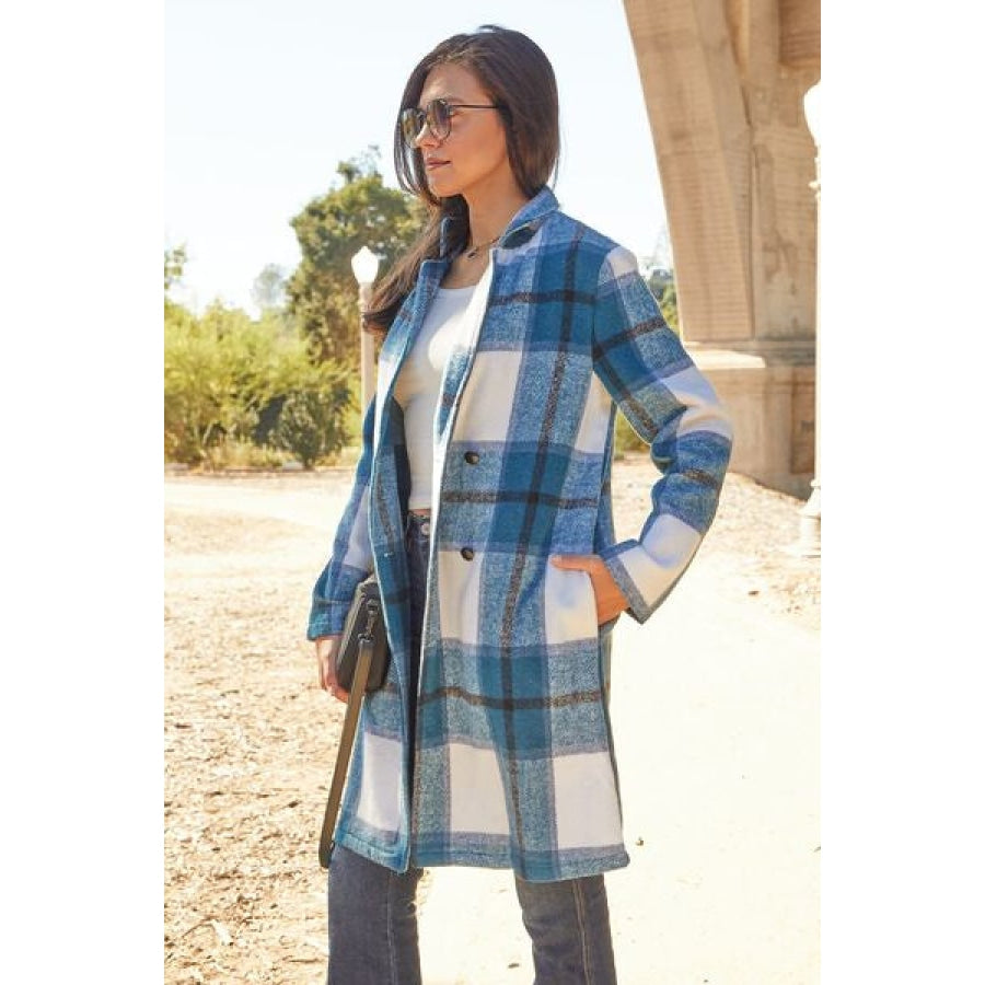 Double Take Full Size Plaid Button Up Lapel Collar Coat Clothing