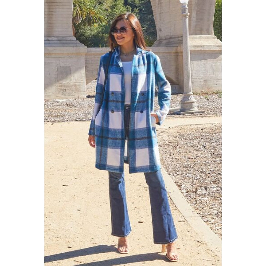 Double Take Full Size Plaid Button Up Lapel Collar Coat French Blue / S Clothing