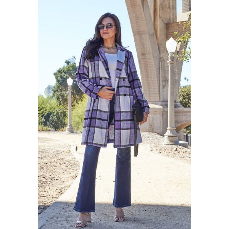 Double Take Full Size Plaid Button Up Lapel Collar Coat Violet / S Clothing