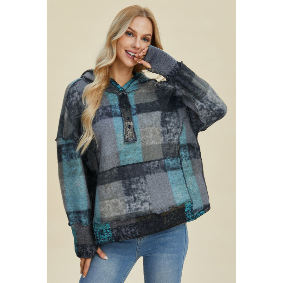 Double Take Full Size Plaid Dropped Shoulder Hoodie Apparel and Accessories