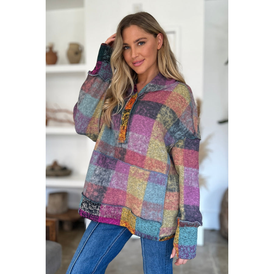 Double Take Full Size Plaid Dropped Shoulder Hoodie Apparel and Accessories