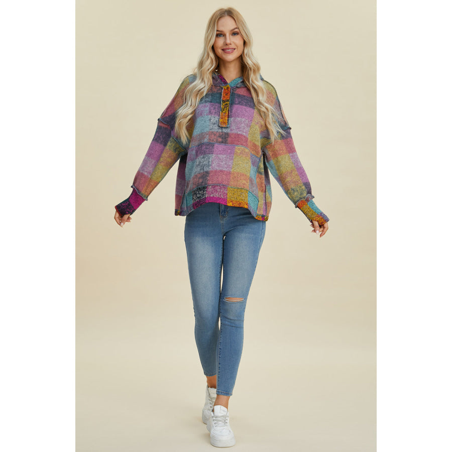 Double Take Full Size Plaid Dropped Shoulder Hoodie Apparel and Accessories