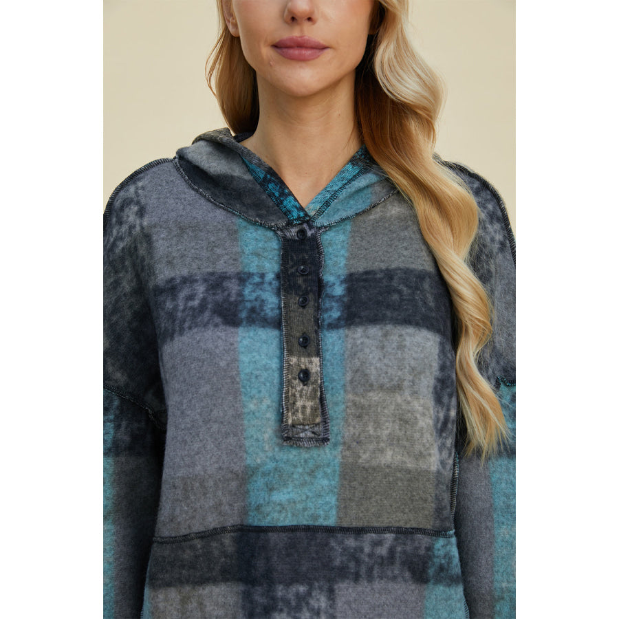 Double Take Full Size Plaid Dropped Shoulder Hoodie Apparel and Accessories