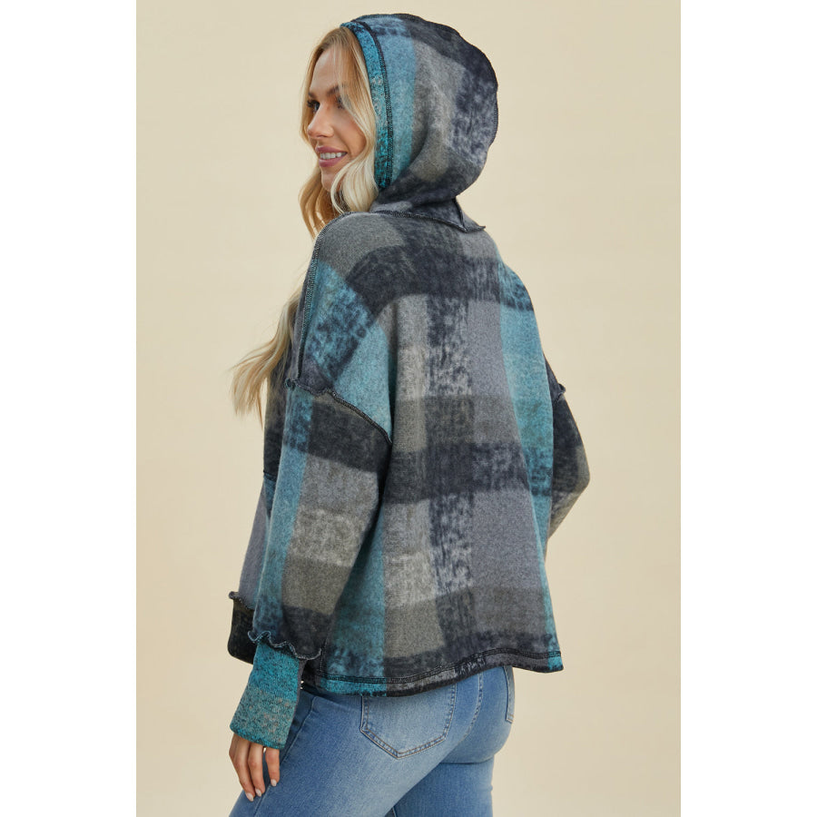 Double Take Full Size Plaid Dropped Shoulder Hoodie Apparel and Accessories