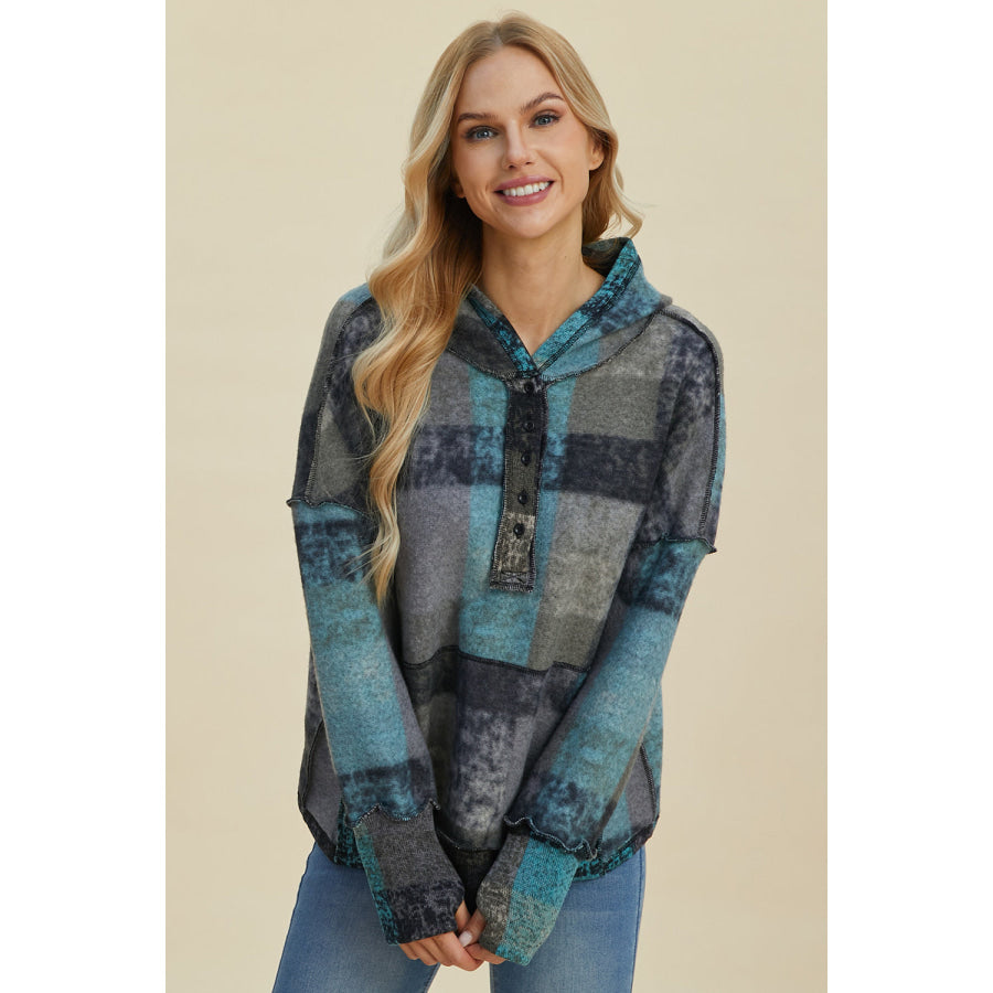 Double Take Full Size Plaid Dropped Shoulder Hoodie Apparel and Accessories