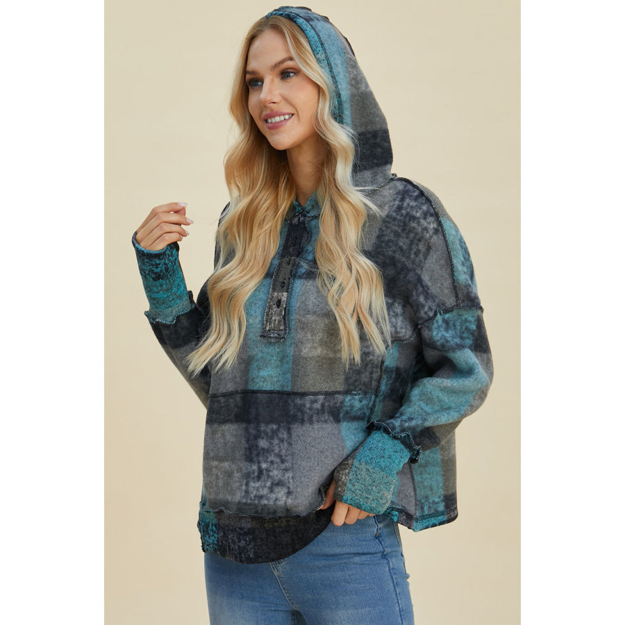 Double Take Full Size Plaid Dropped Shoulder Hoodie Apparel and Accessories