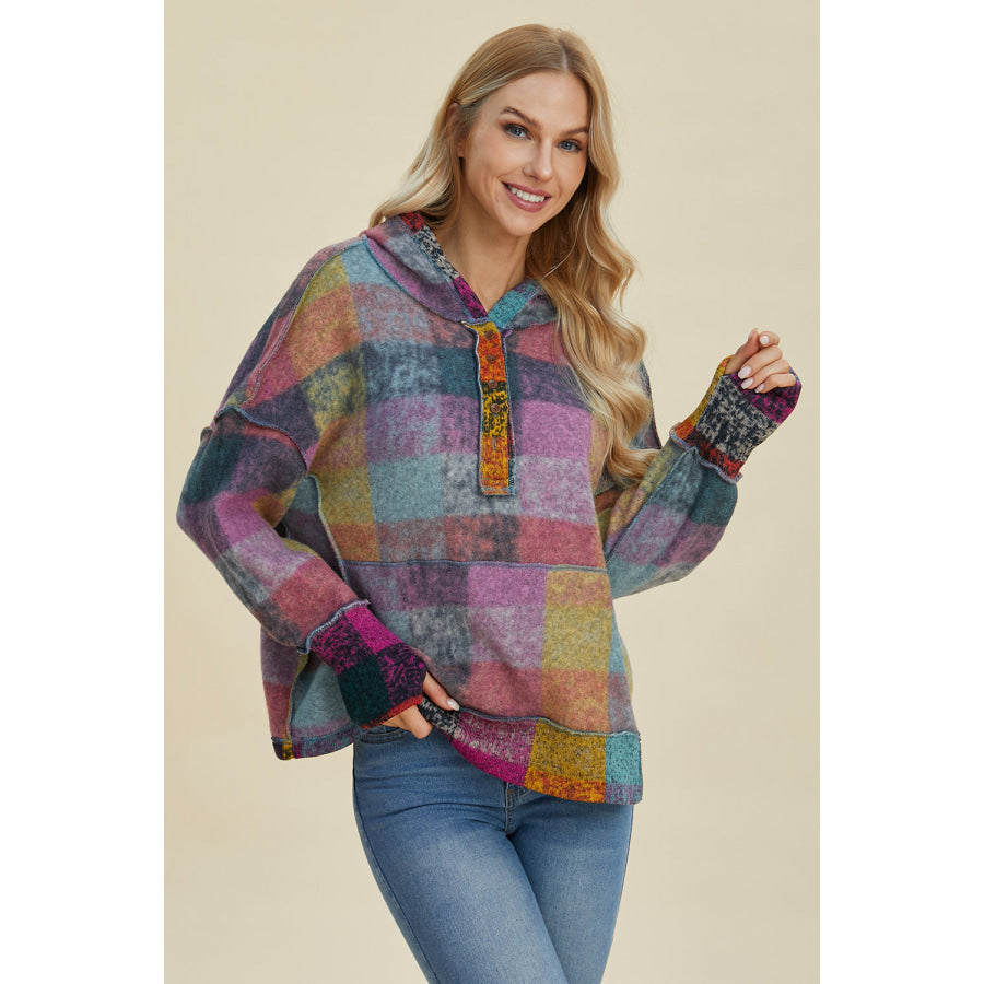 Double Take Full Size Plaid Dropped Shoulder Hoodie Apparel and Accessories