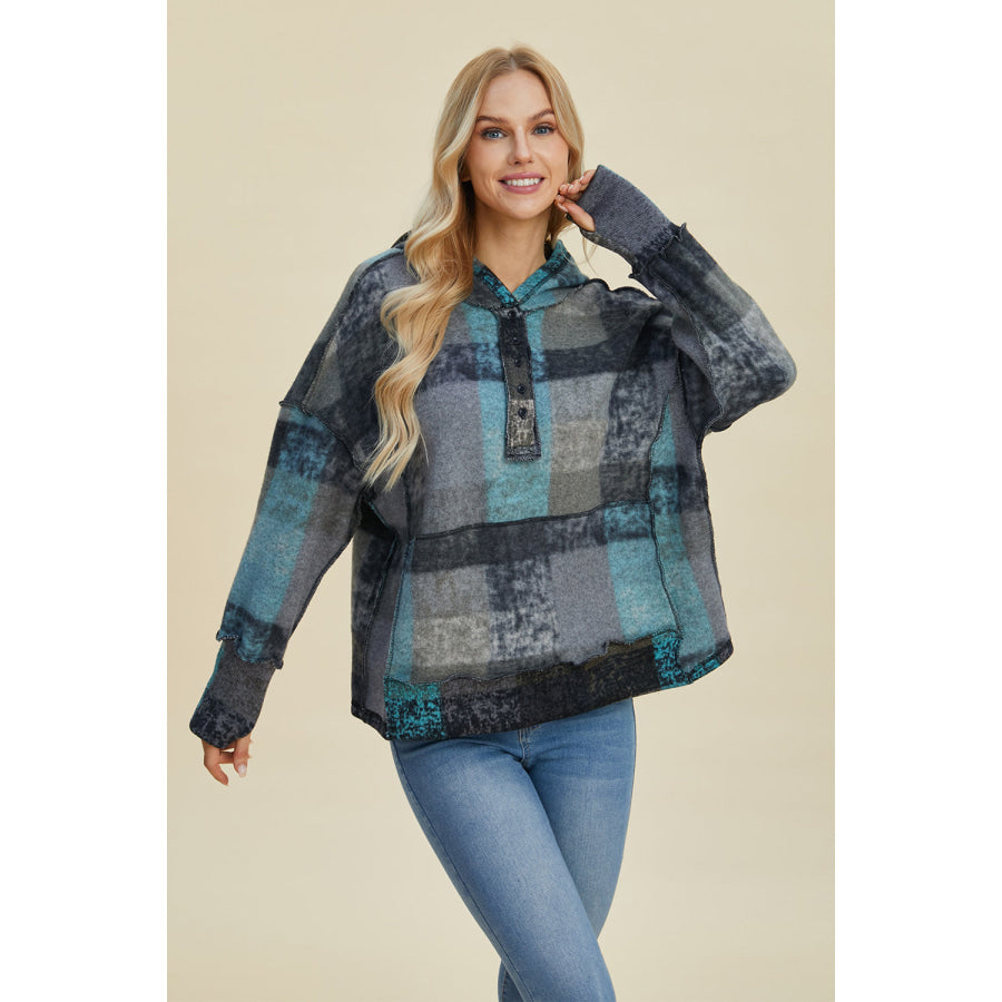 Double Take Full Size Plaid Dropped Shoulder Hoodie Dark Gray / S Apparel and Accessories