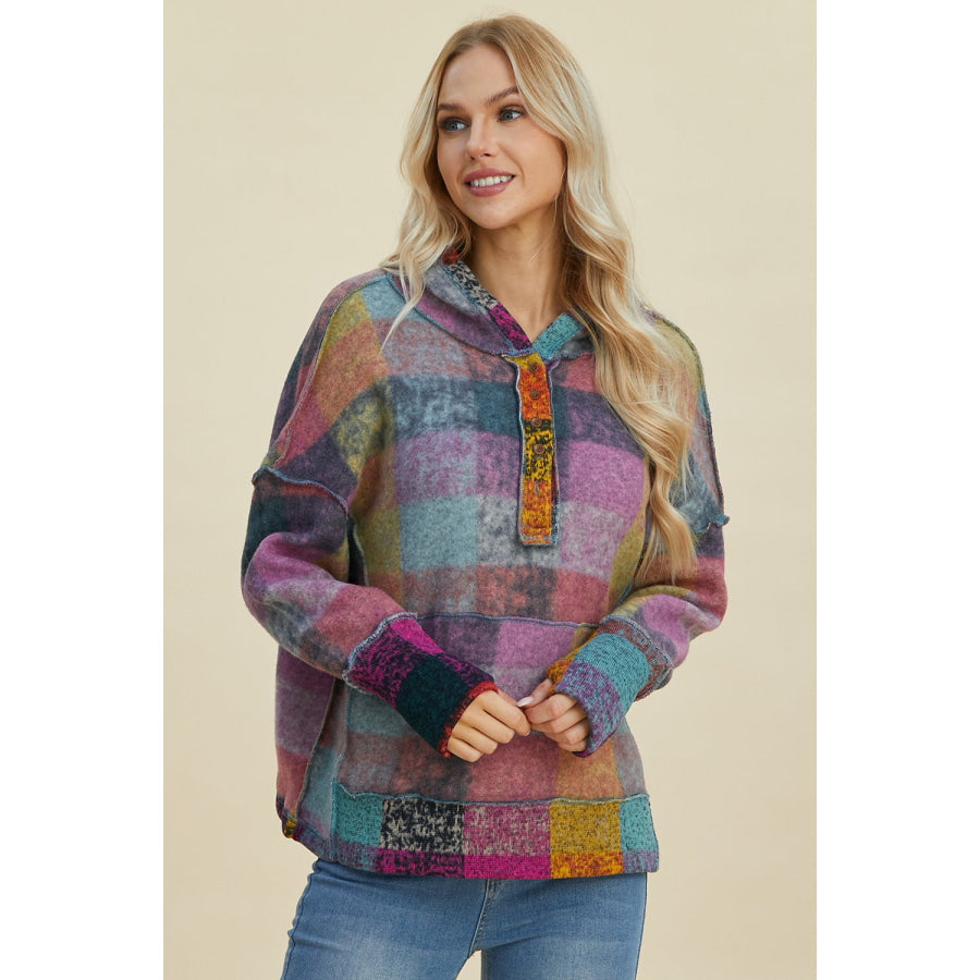 Double Take Full Size Plaid Dropped Shoulder Hoodie Heliotrope Purple / S Apparel and Accessories