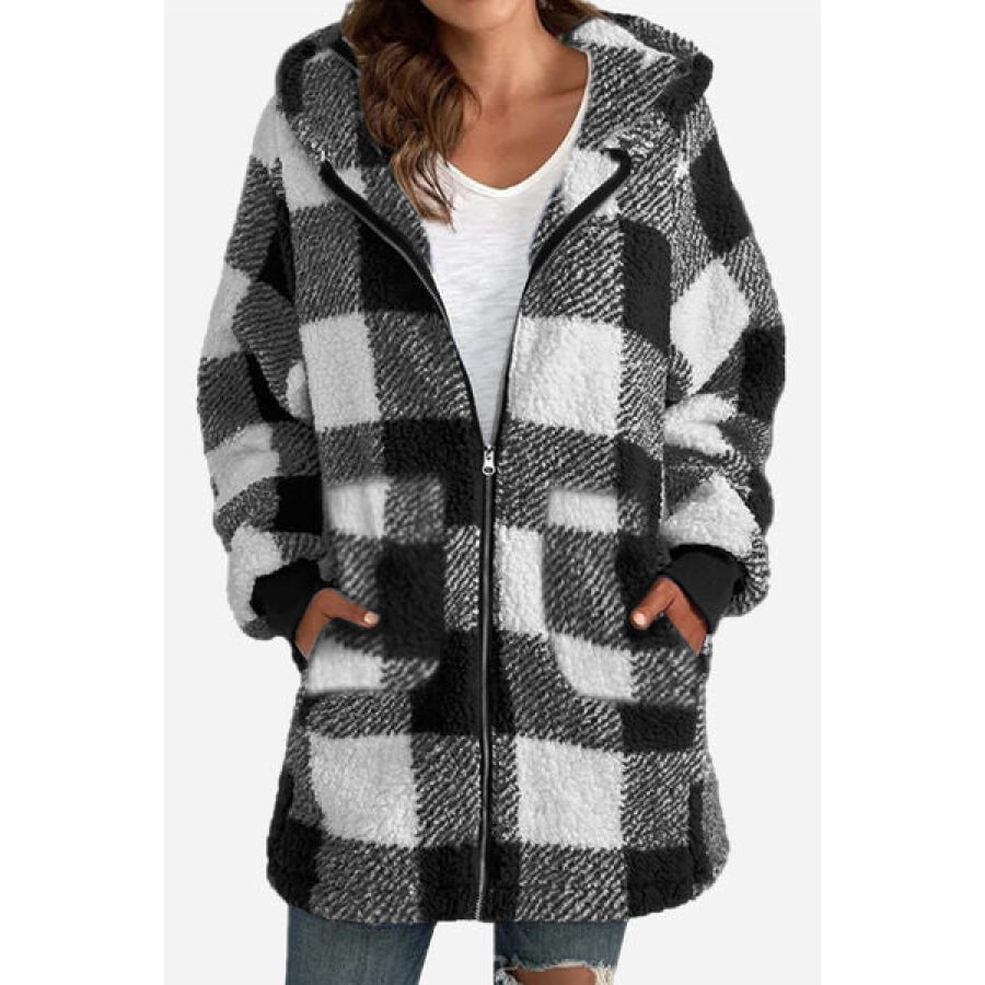 Double Take Full Size Plaid Long Sleeve Hooded Coat Black / S Clothing