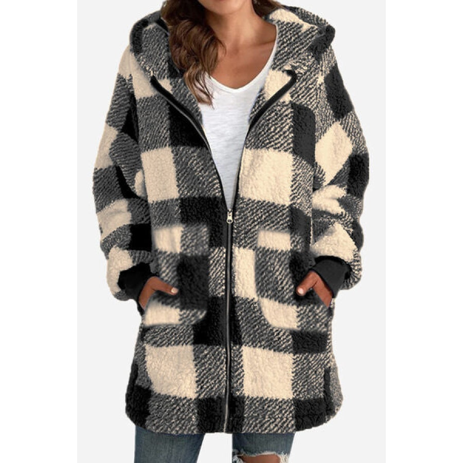 Double Take Full Size Plaid Long Sleeve Hooded Coat Camel / S Clothing