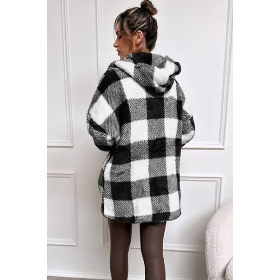 Double Take Full Size Plaid Long Sleeve Hooded Coat Clothing