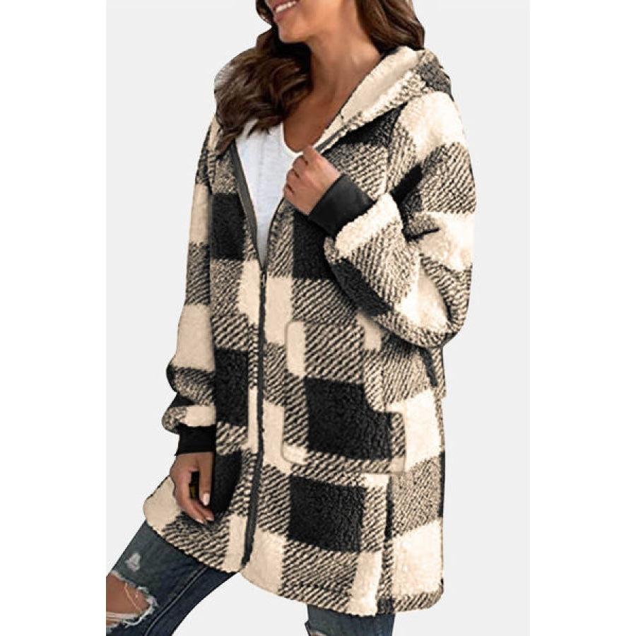 Double Take Full Size Plaid Long Sleeve Hooded Coat Clothing