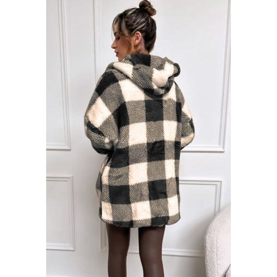 Double Take Full Size Plaid Long Sleeve Hooded Coat Clothing