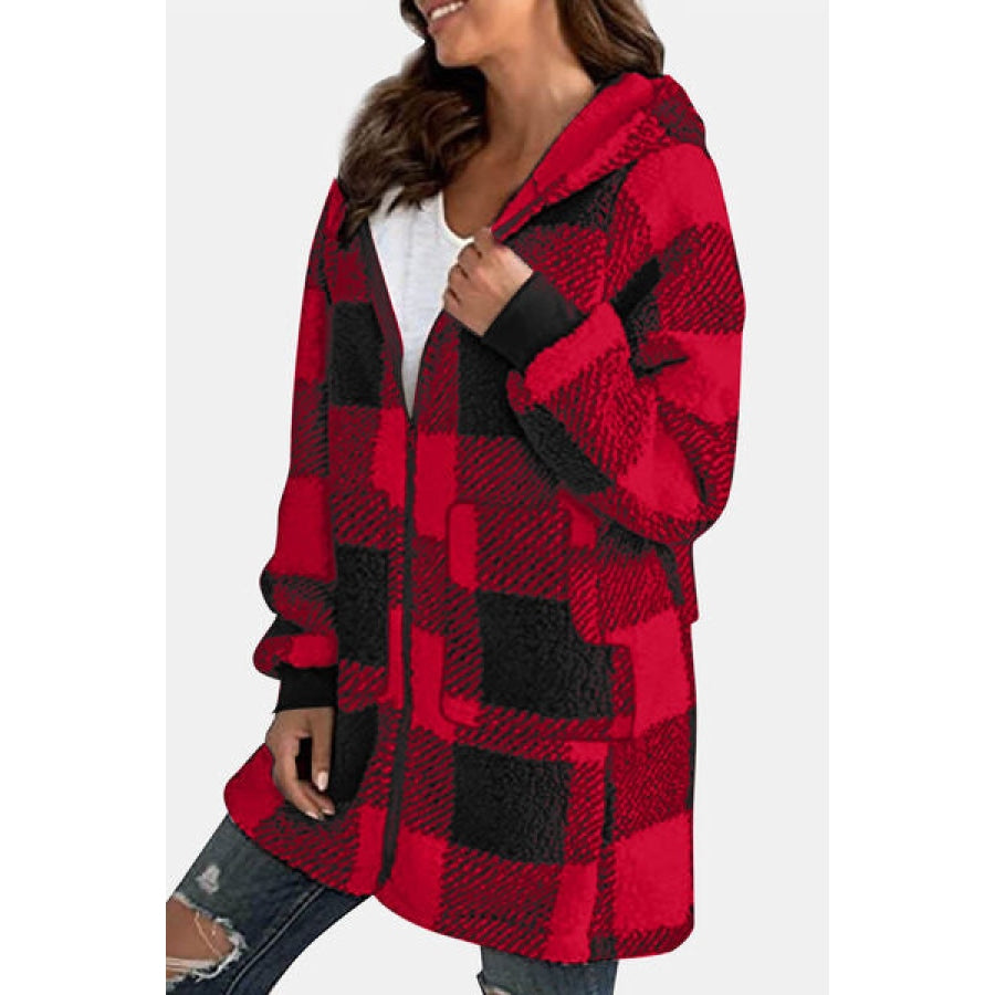 Double Take Full Size Plaid Long Sleeve Hooded Coat Clothing