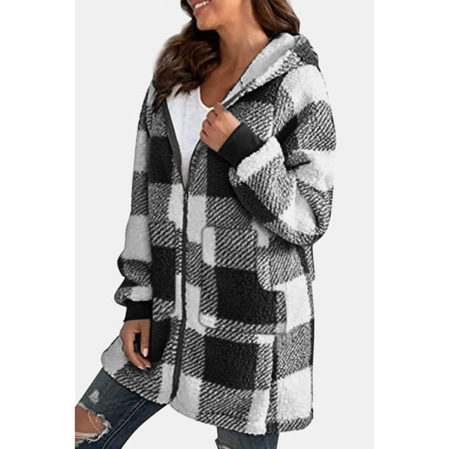 Double Take Full Size Plaid Long Sleeve Hooded Coat Clothing